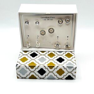 Lori’s Gifts Sensitive Ears Earring Set Cubic Zirconia Silver Tone 6 Pairs NIB